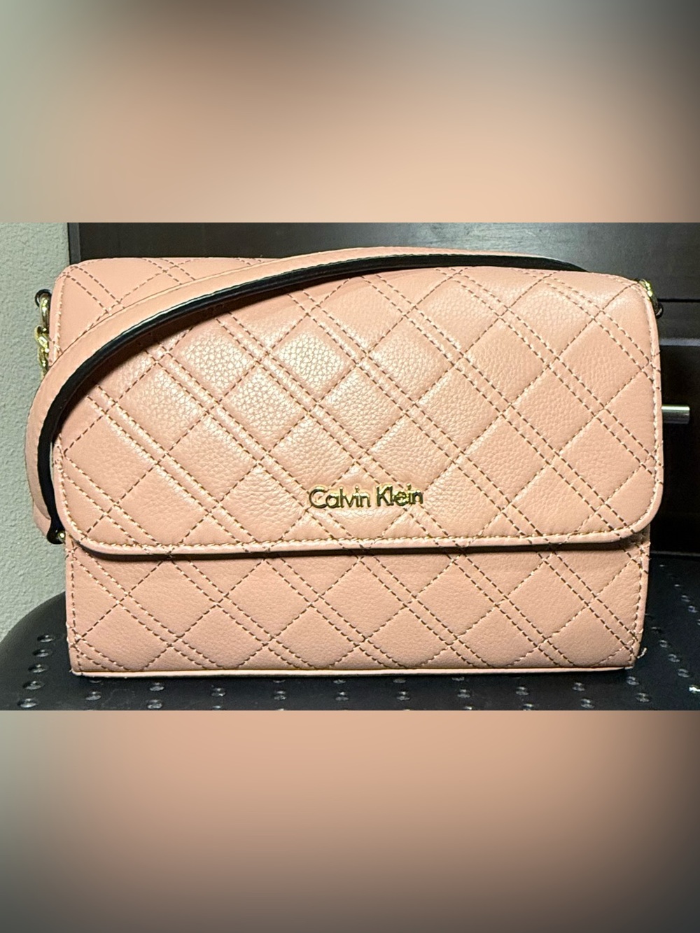 Calvin Klein Blush Quilted Crossbody Bag with Gold Logo